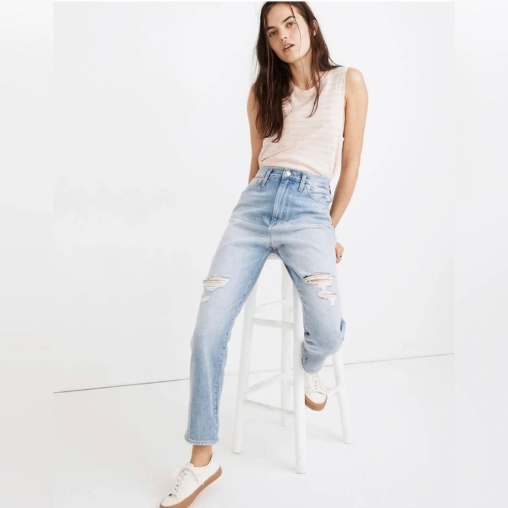 Madewell The Mom Jean Size 27 Blue Denim Distressed High Rise Comfy Stylish